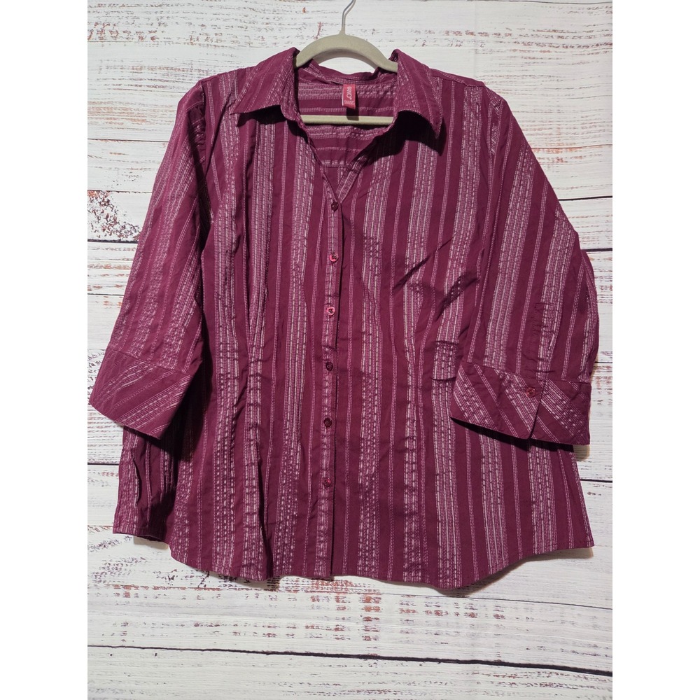Gitano Womens Plus Size 22/24W Burgundy Purple Striped 3/4 Sleeve Button Up Top